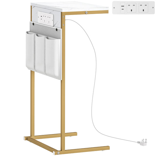 Photo of HOMCOM C-Shaped Bedside Table with Charging Station, Marble Grain Side Table with Power Outlets & USB Ports, Storage Bags, for Bedroom, Living Room, White in White colour on a white background