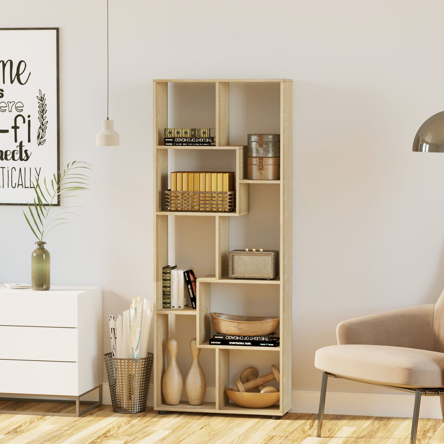 HOMCOM Bookshelf, Tall Bookcase, Modern Room Divider, 8 Cube Storage Unit, Freestanding Storage Shelf for Living Room, Bedroom, Home Office, 70 x 24 x 178 cm, Natural