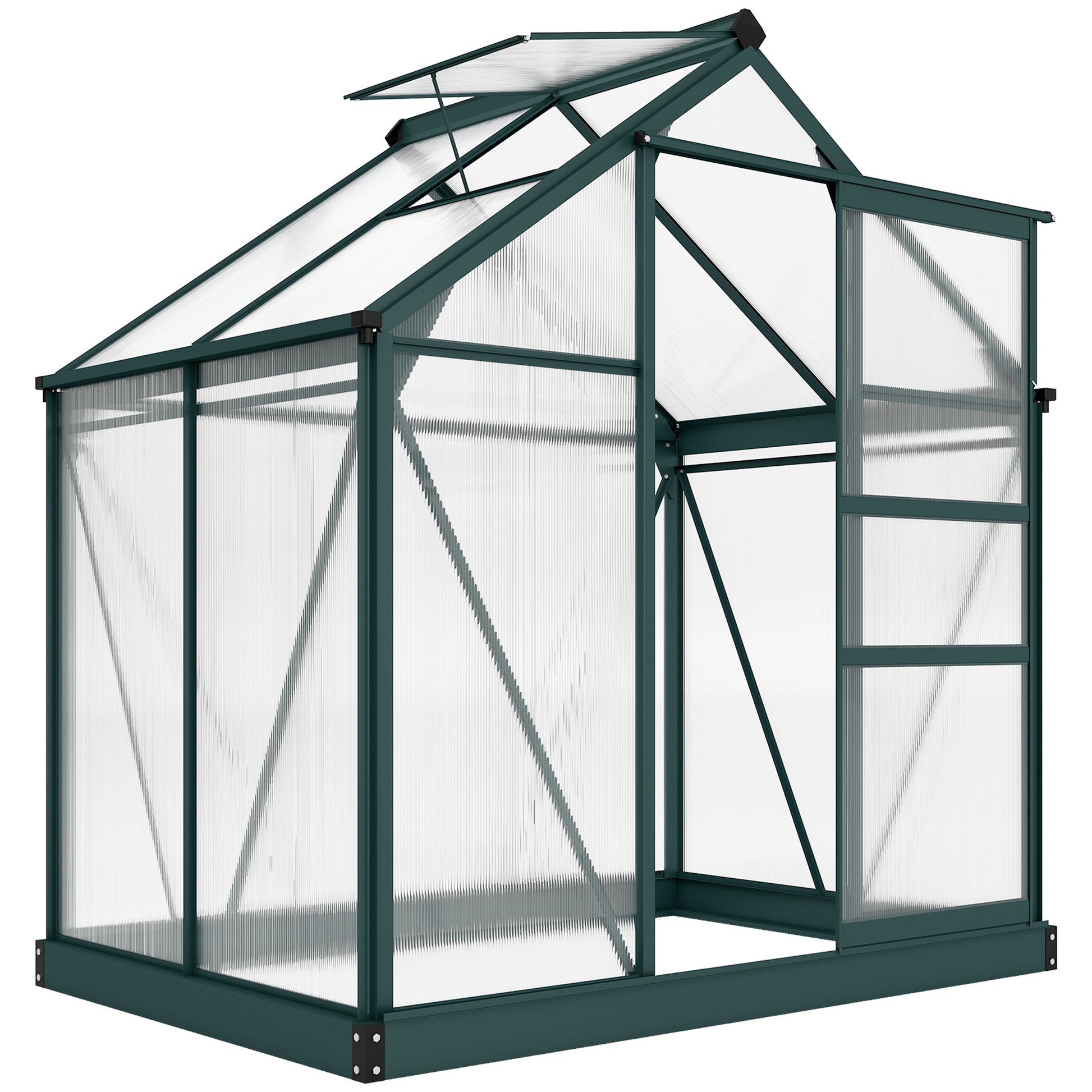 Photo of Outsunny 6 x 4ft Polycarbonate Greenhouse, Large Walk in Green House with Slide Door and Window, Garden Plants Grow House with Aluminium Frame and Foundation, Dark Green in Green colour on a white background