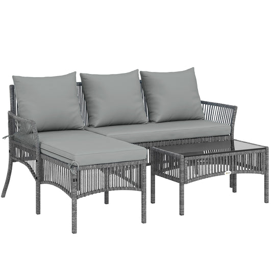 Photo of Outsunny 3 Piece Rattan Garden Furniture Corner Sofa Set with Chaise Lounge, Loveseat, Glass Coffee Table, Cushions, Dark Grey in Grey colour on a white background
