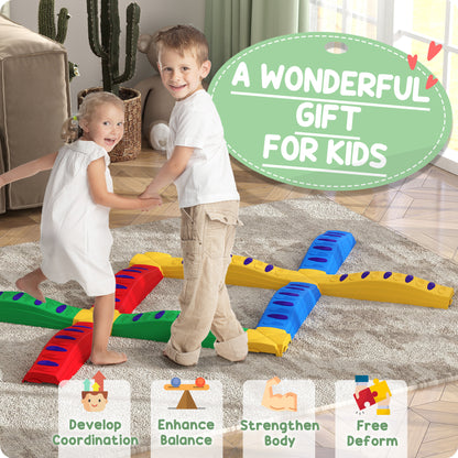 Children stepping across a multicoloured balance beam and stepping stone course