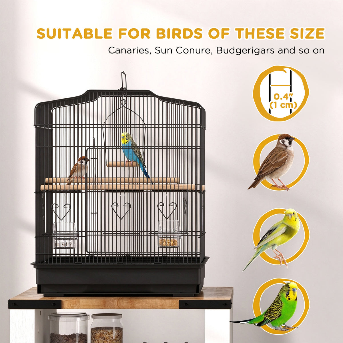 Front view of black bird cage with perches, food cups, and birds beside size examples