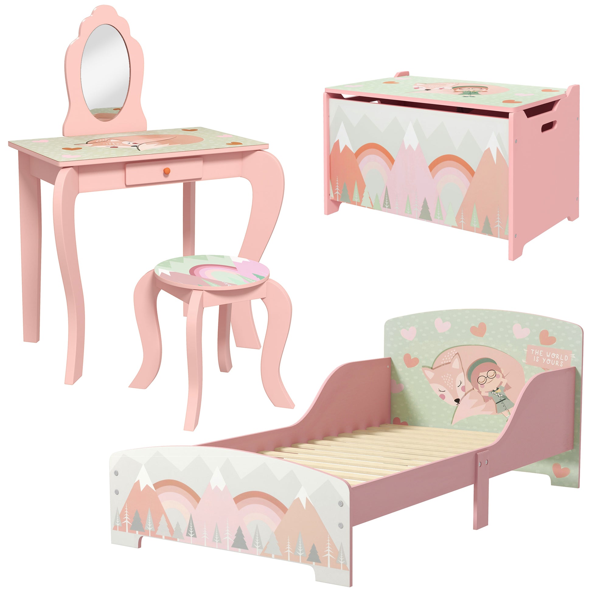 Photo of ZONEKIZ Kids Bedroom Furniture Set Includes Bed Frame, Toy Chest, Dressing Table for Ages 3-6 Years, Pink in Pink colour on a white background