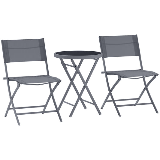 Photo of Outsunny 3 Pieces Outdoor Bistro Set, Glass Top Outdoor Table and 2 Folding Chairs with Protecting Feet, Grey in Grey colour on a white background