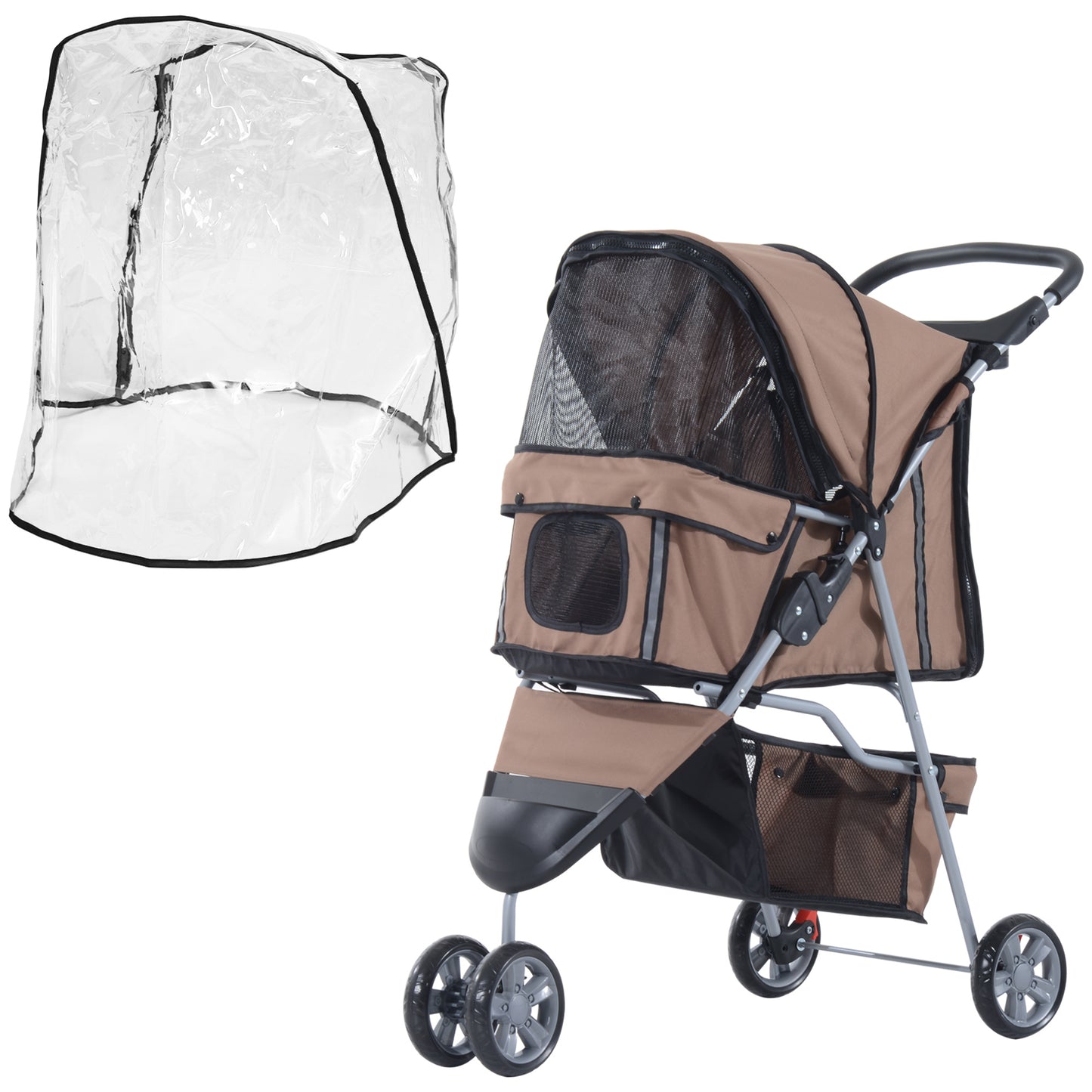 Photo of PawHut Dog Stroller with Cover for Small Miniature Dogs, Folding Cat Pram Dog Pushchair with Cup Holder, Storage Basket, Reflective Strips, Brown in Brown colour on a white background