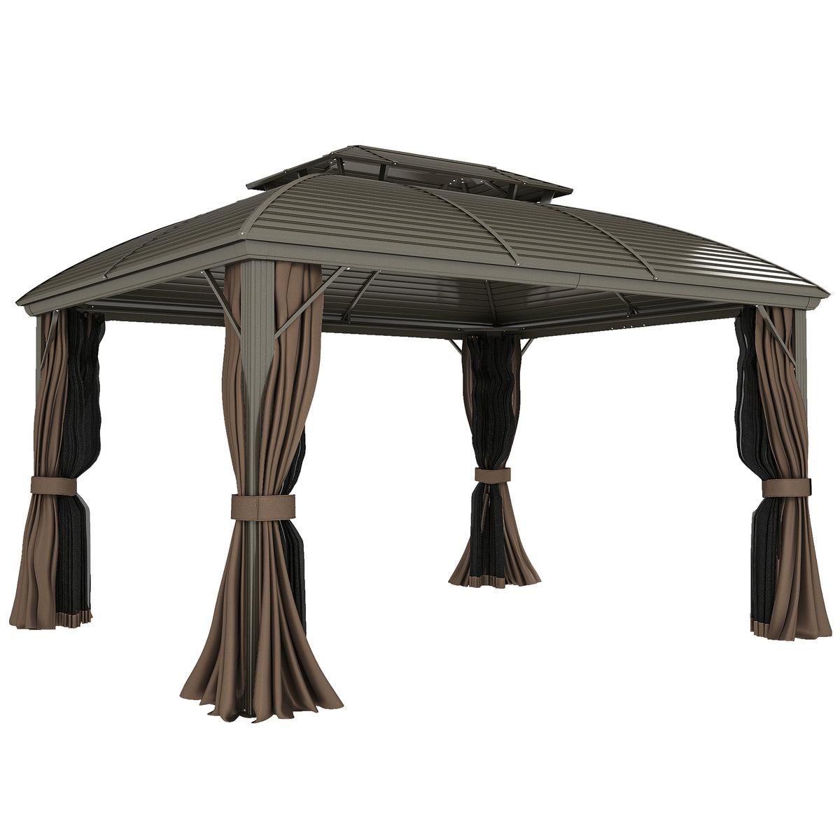 Outsunny hardtop steel gazebo with double roof, brown curtains and net sidewalls