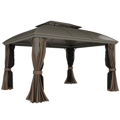Outsunny hardtop steel gazebo with double roof, brown curtains and net sidewalls