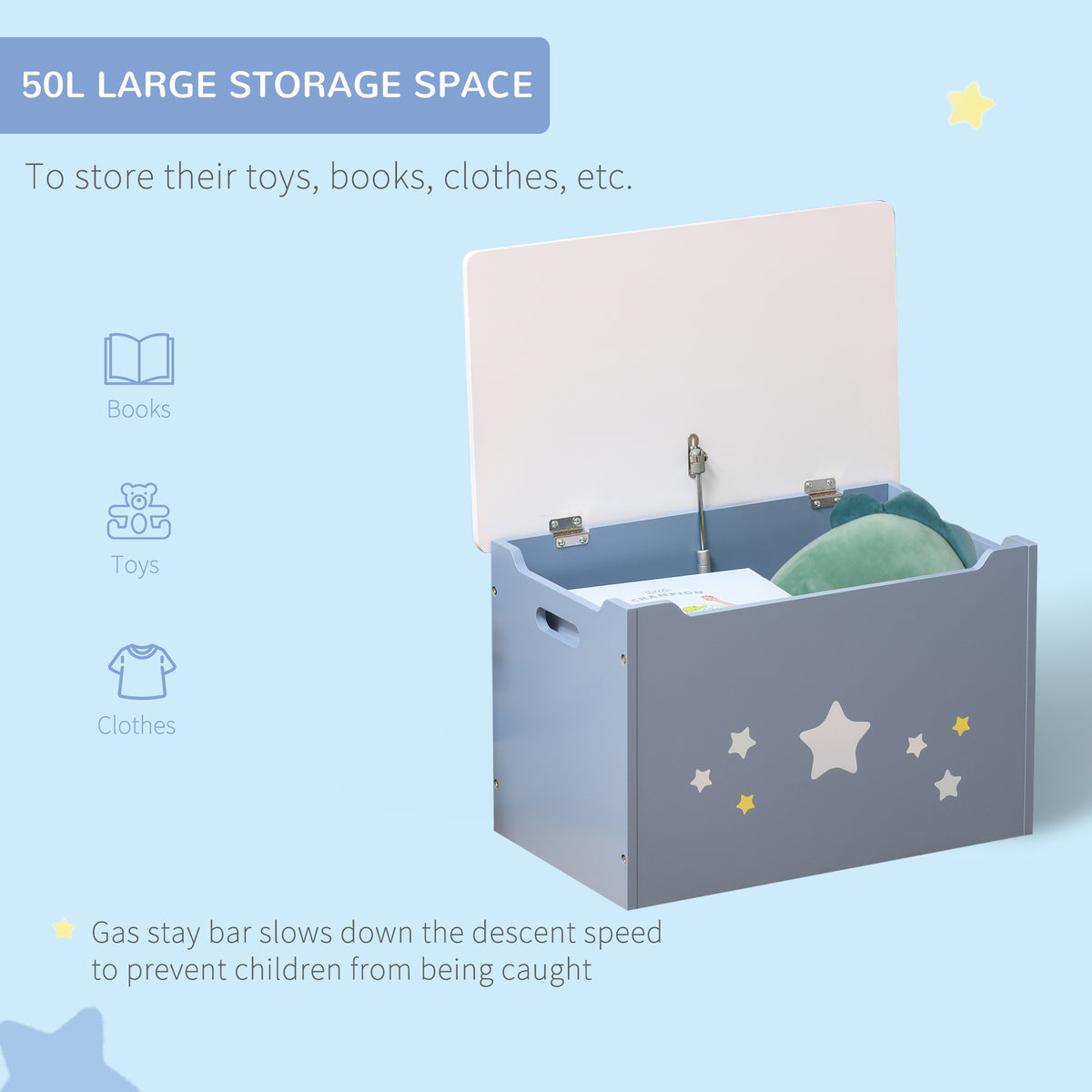 Open blue toy chest with safety stay hinge, white lid, and star decals