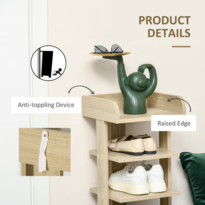 Oak shoe rack with raised top edge and anti-tipping attachment