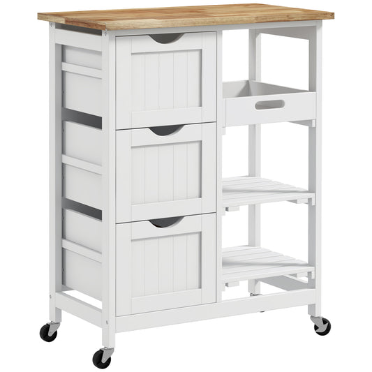 Photo of HOMCOM Rolling Kitchen Island Cart, Bar Serving Cart, Compact Trolley on Wheels with Wood Top, Shelves & Drawers for Home Dining Area, White in White colour on a white background