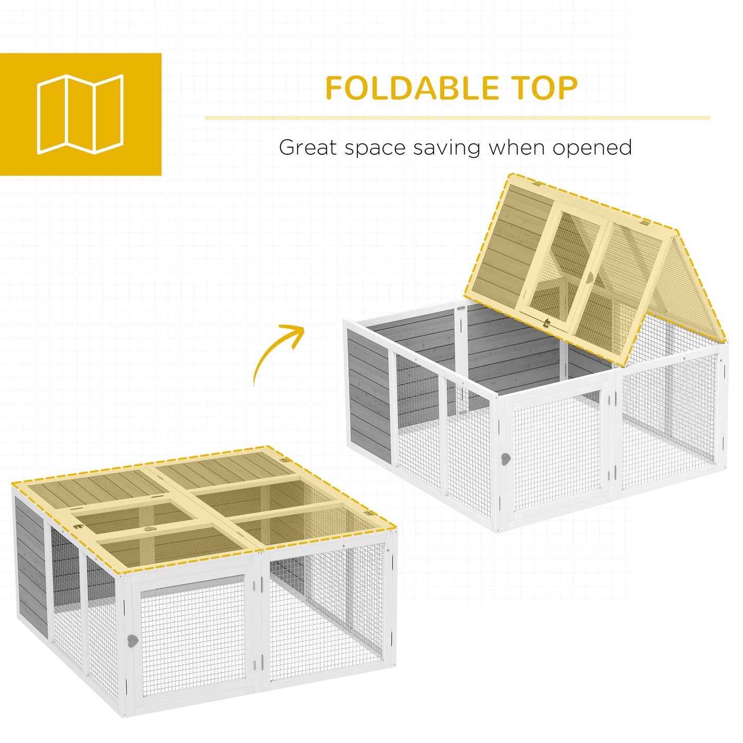 PawHut Rabbit Hutch with Openable Foldable Roof, Light Grey