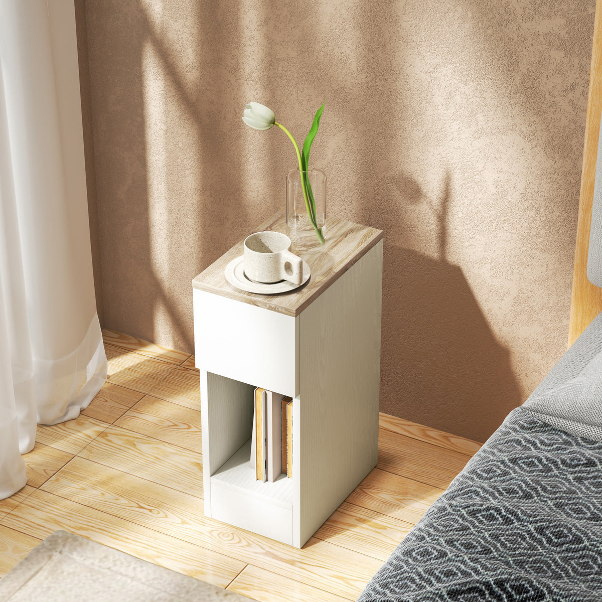 Cream white bedside table with wood-look top, drawer and open shelf holding books