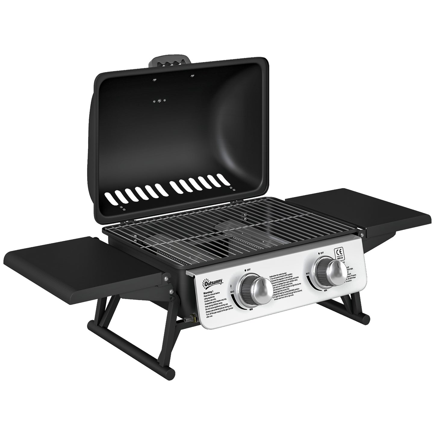 Photo of Outsunny Two-Burner Compact Gas Grill with 2 Folding Side Shelves - Black in Black colour on a white background