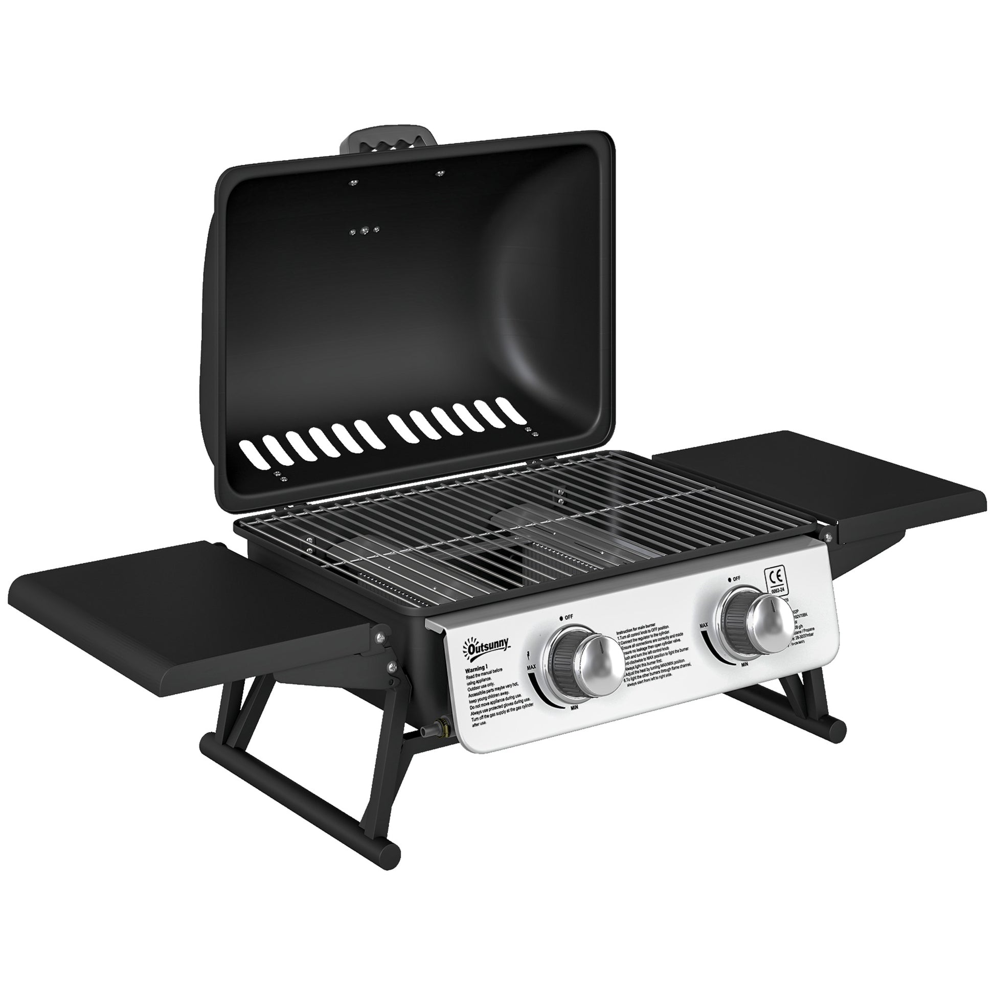 Photo of Outsunny Two-Burner Compact Gas Grill with 2 Folding Side Shelves - Black in Black colour on a white background