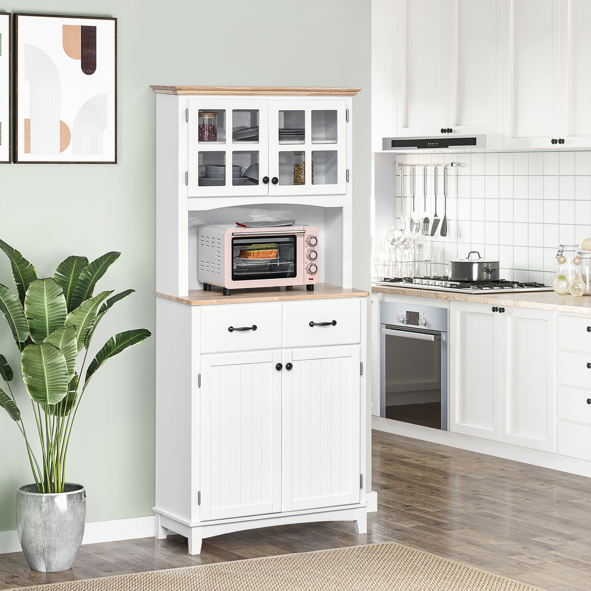 HOMCOM Freestanding Kitchen Cupboard, Kitchen Storage Cabinet with Framed Glass Doors, 2 Drawers, Microwave Counter, 172cm, White