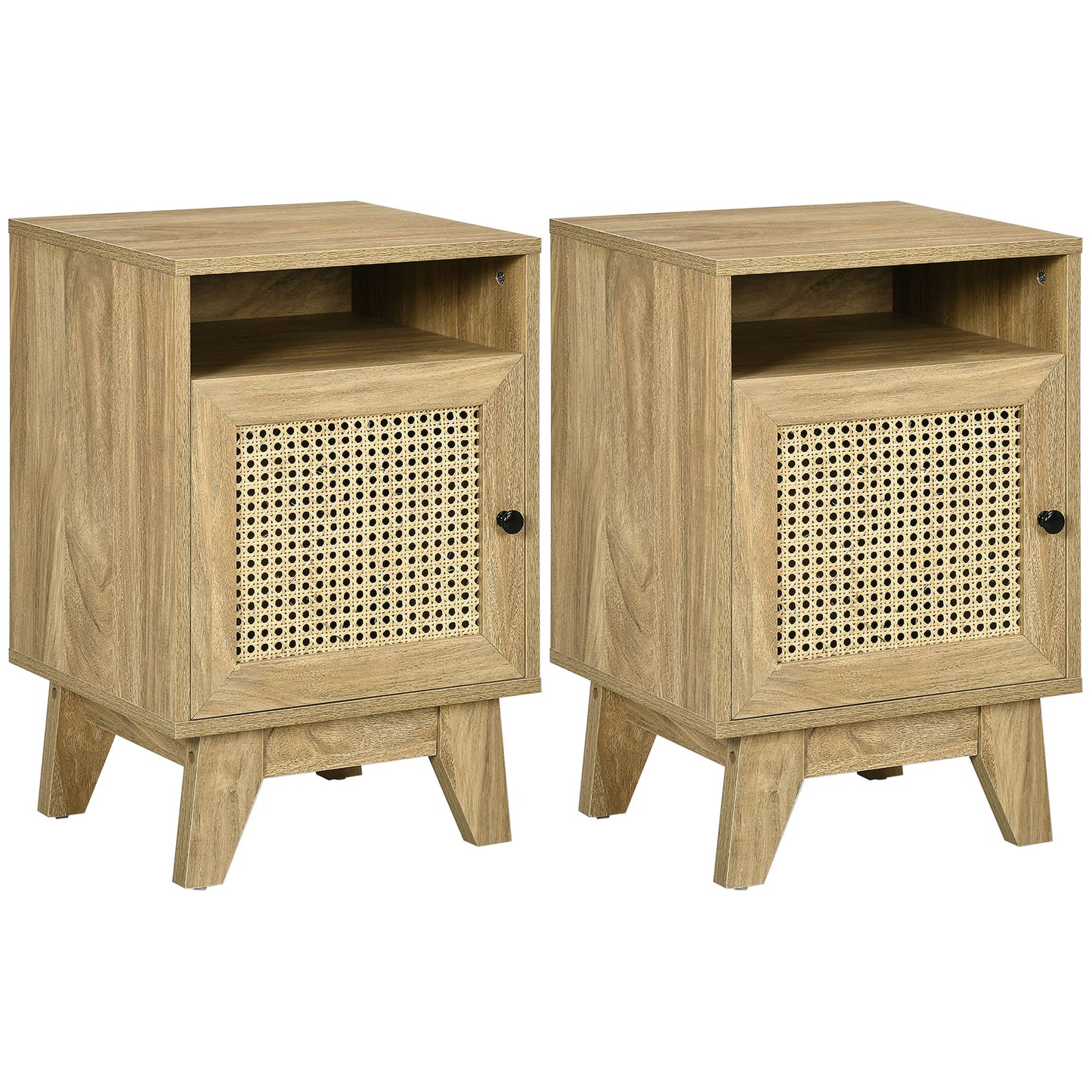 Photo of HOMCOM 2-Piece Narrow Rattan Nightstands, Side End Table with Shelf and Cupboard, 39cm x 35cm x 60cm, Natural in Natural colour on a white background