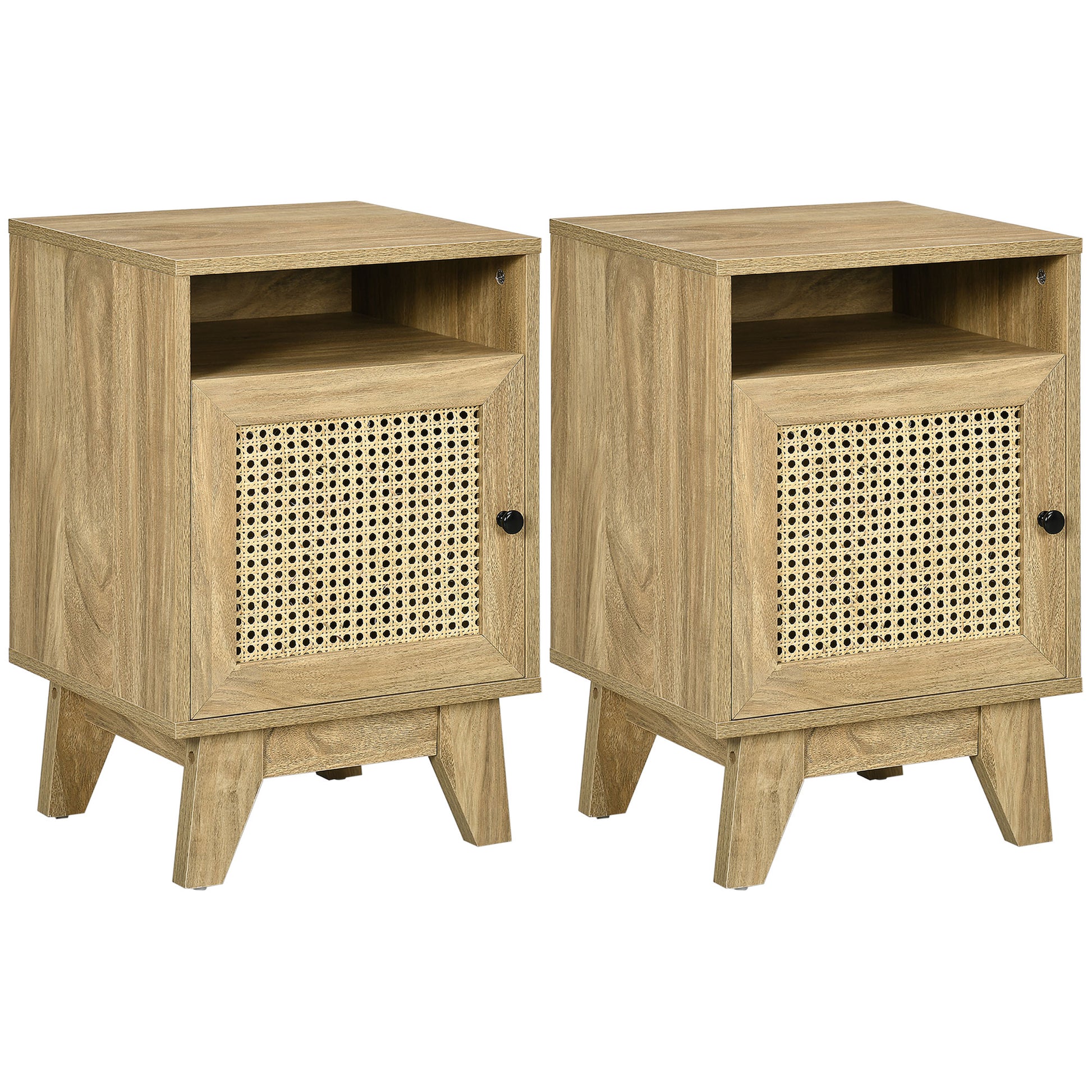 Photo of HOMCOM 2-Piece Narrow Rattan Nightstands, Side End Table with Shelf and Cupboard, 39cm x 35cm x 60cm, Natural in Natural colour on a white background