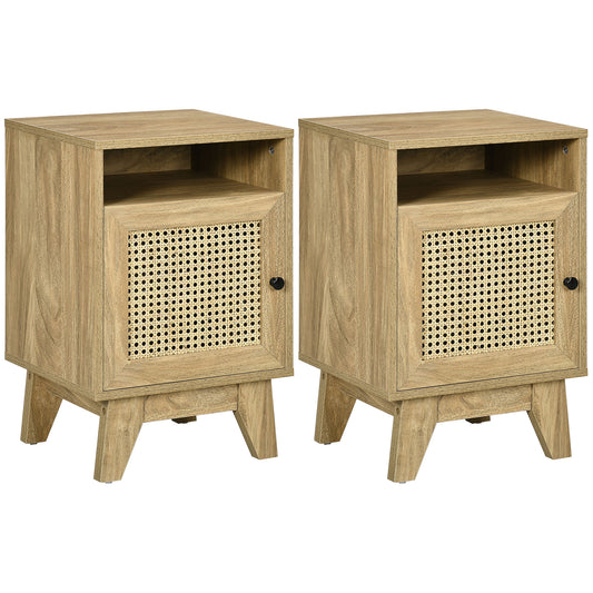 Photo of HOMCOM 2-Piece Narrow Rattan Nightstands, Side End Table with Shelf and Cupboard, 39cm x 35cm x 60cm, Natural in Natural colour on a white background