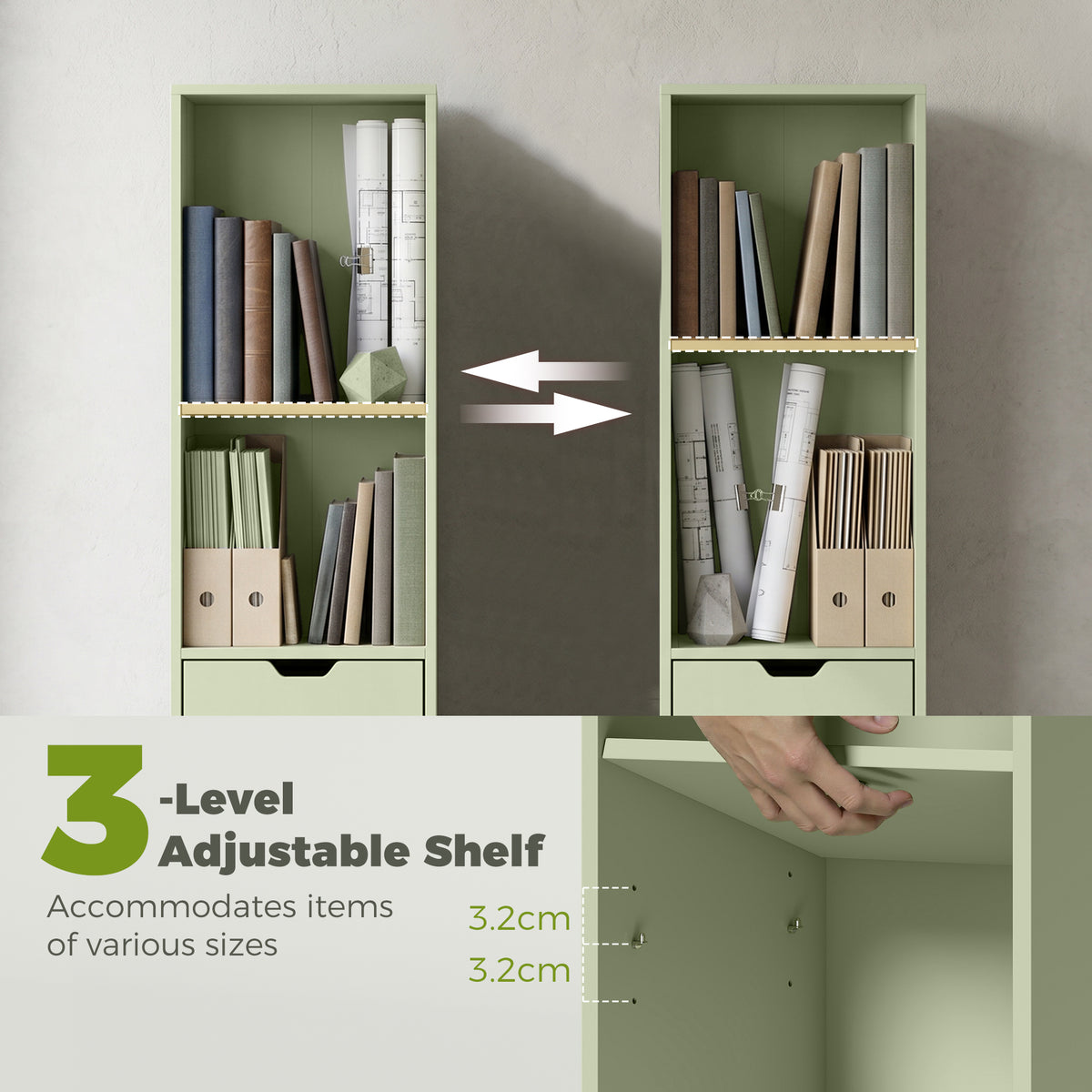 HOMCOM 6-Tier Bookcase, Tall Narrow Bookshelf with Drawer and Door - Green