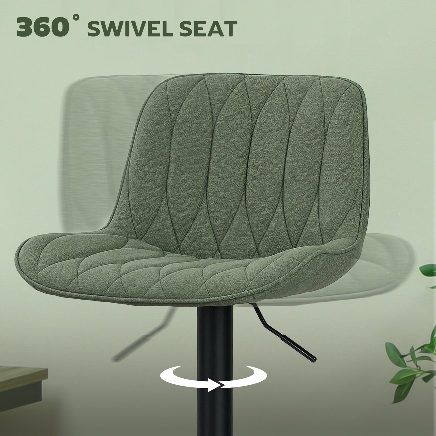HOMCOM Breakfast Bar Stools Set of 2 Linen upholstery 60-80cm Adjustable Height - Green