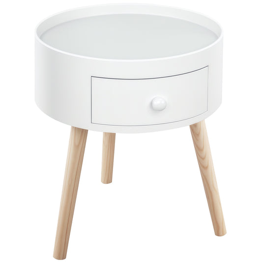 Round white side table with a shallow tray top, drawer, and three natural wood legs.