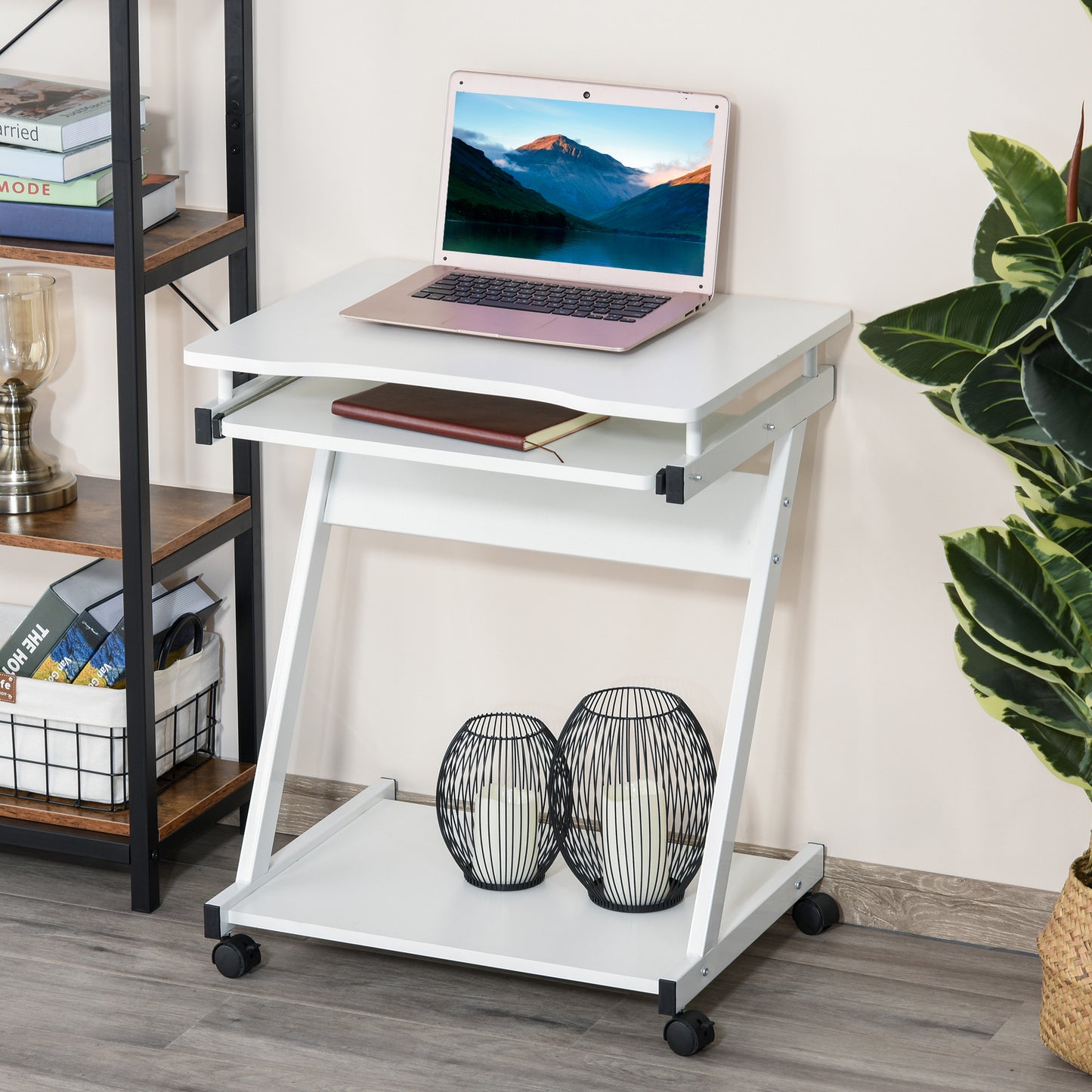 HOMCOM Movable Computer Desk with 4 Moving Wheels and Keyboard Tray White