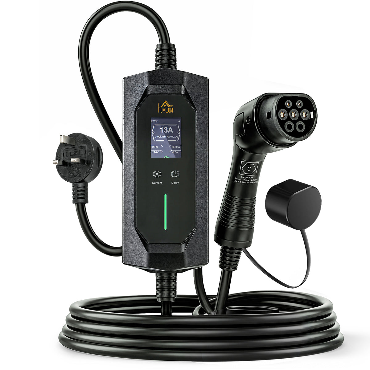 Photo of HOMCOM EV Charger Type 2 to 3 Pin Plug, 10 m, 2.8 kW, 6-13 A, Electric Car Charger Type 2 Charging Cable w/ 1-12 h Time Delay in Delay colour on a white background