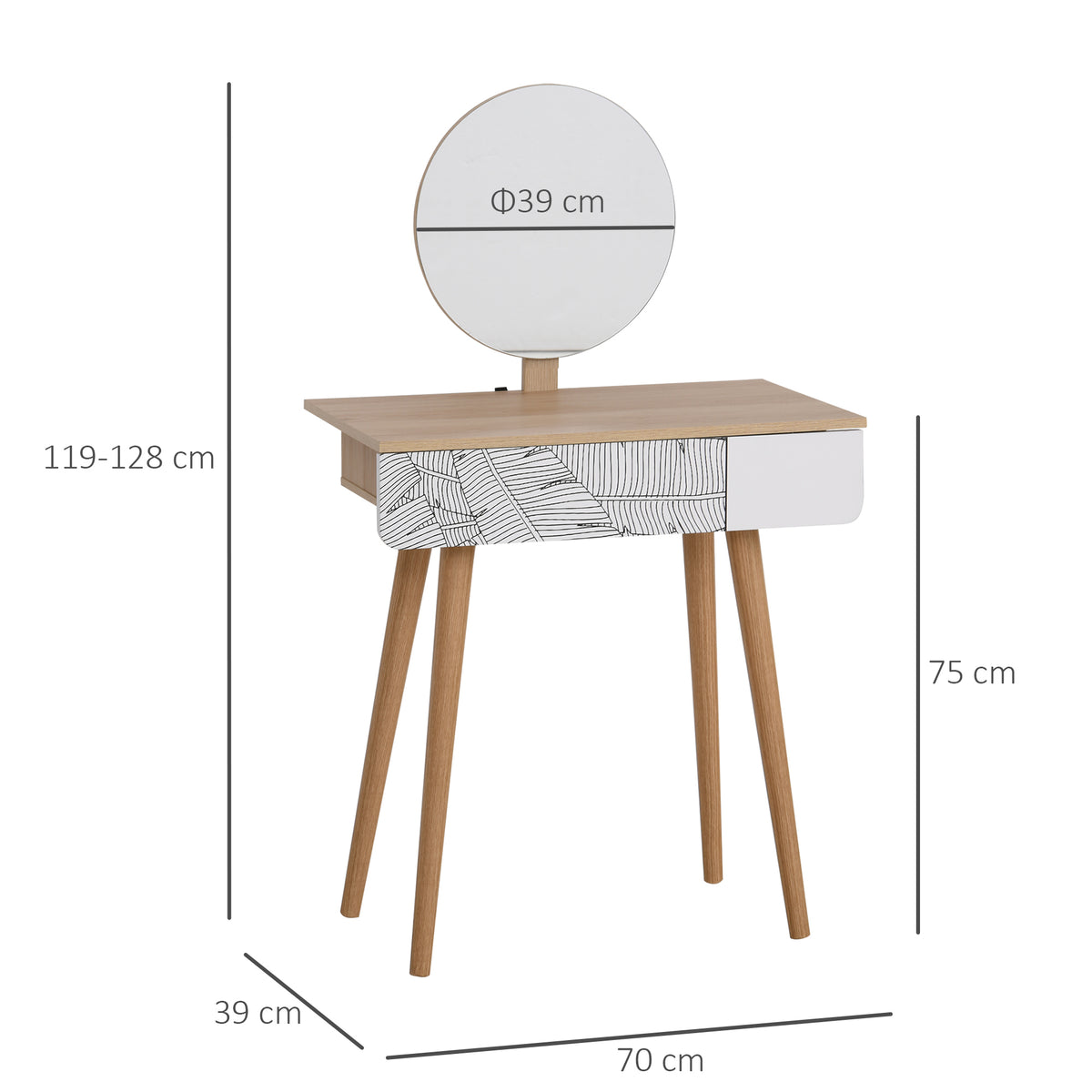 Oak-finish dressing table with round mirror, patterned drawer, and tapered legs; dimensions shown.