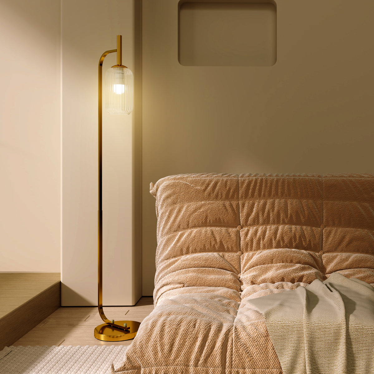 HOMCOM LED Floor Lamp for Living Room with Glass Lampshade, Modern Standing Lamp with Foot Switch, Adjustable Brightness, 2700K for Bedroom, Gold Tone