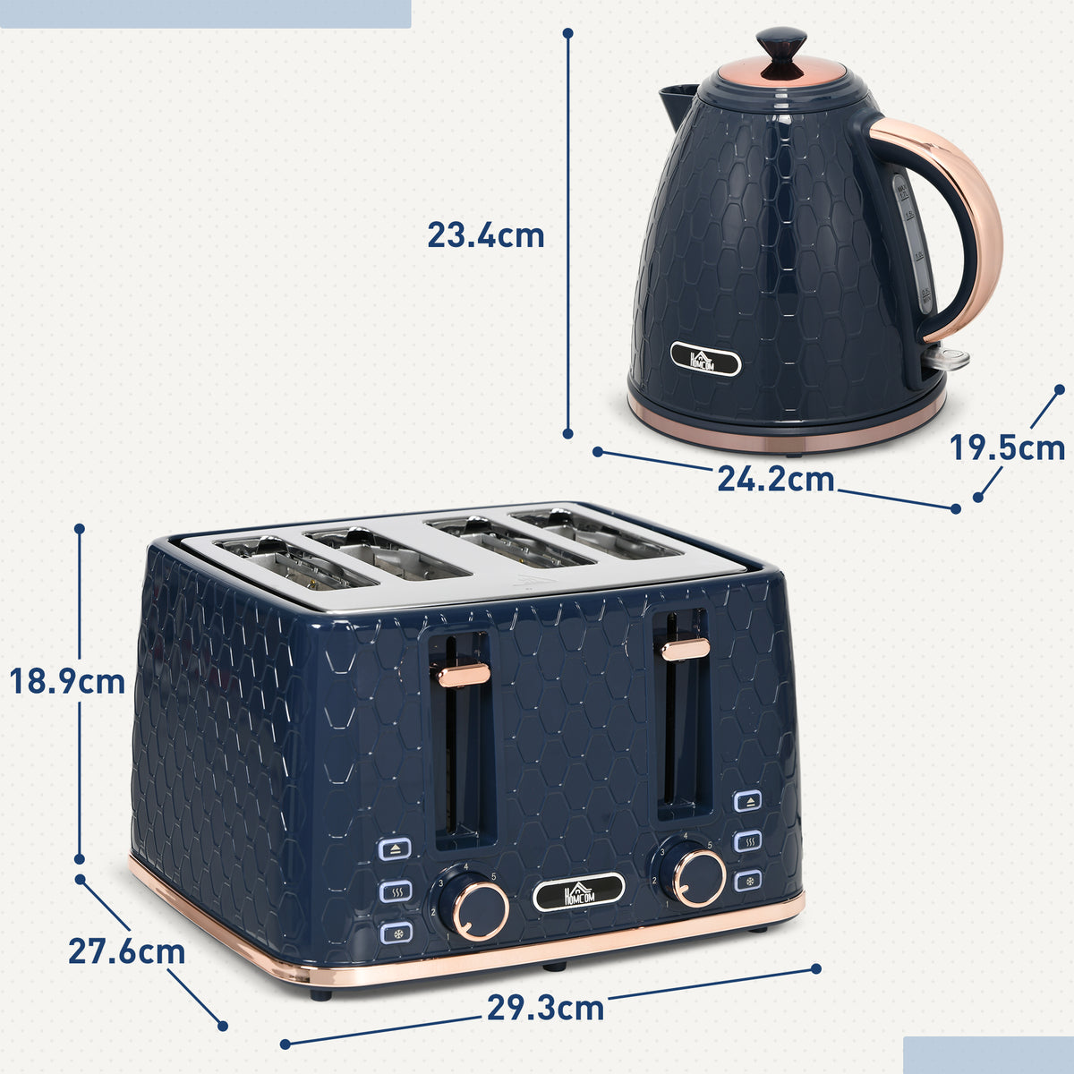 Blue kettle and four-slice toaster shown with product dimensions