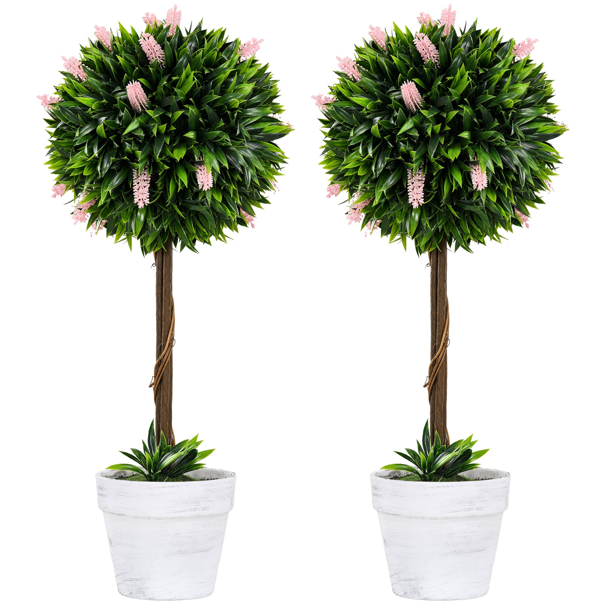 Photo of HOMCOM Set of 2 Decorative Artificial Plants Ball Trees with Flower for Home Indoor Outdoor Decor, 60cm ,Pink in ,Pink colour on a white background