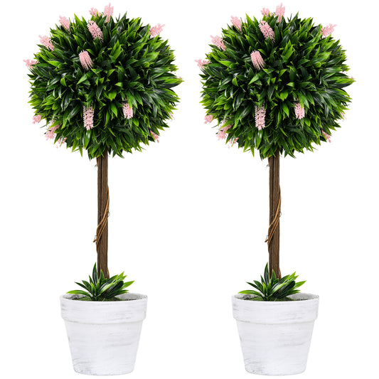 Photo of HOMCOM Set of 2 Decorative Artificial Plants Ball Trees with Flower for Home Indoor Outdoor Decor, 60cm ,Pink in ,Pink colour on a white background