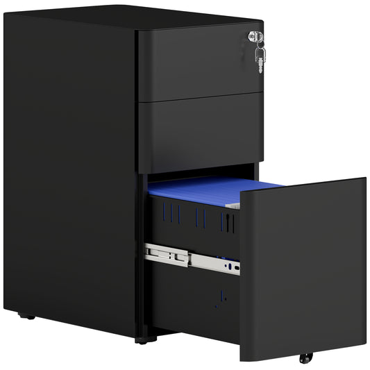 Photo of Vinsetto 3-Drawer Steel Filing Cabinet with Lock - Black in Black colour on a white background