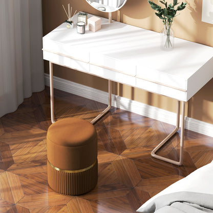 Brown storage ottoman positioned as a seat beneath a vanity desk
