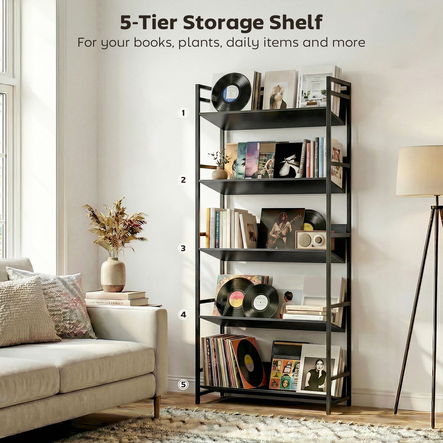 HOMCOM Bookshelf 5-Tier Metal Frame Bookcase Storage Shelves for Living Room Black