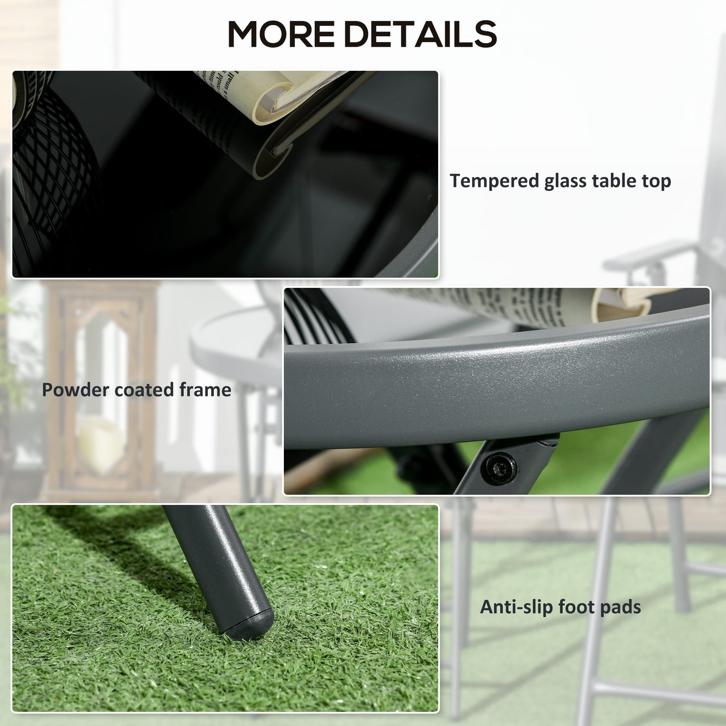 Outsunny Φ45cm Garden Side Table, Outdoor Round Folding Patio Table with Imitation Marble Glass Top, Small Coffee Table, Black