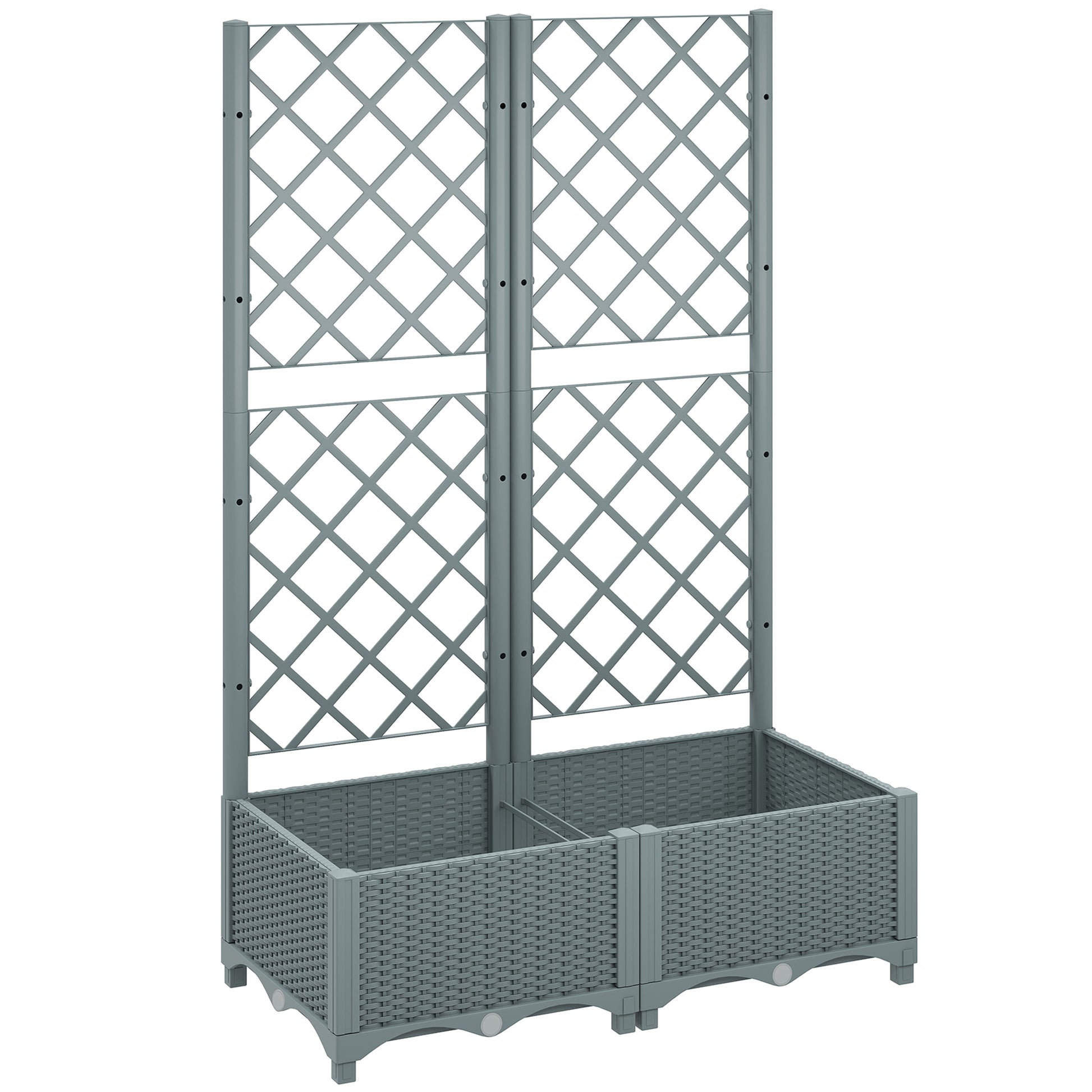 Photo of Outsunny Raised Garden Bed with Trellis, Plastic Planter Box with Drainage Holes, Drain Plugs and Water Reservoirs for Climbing Plants, Vegetables, Flowers, Grey in Grey colour on a white background