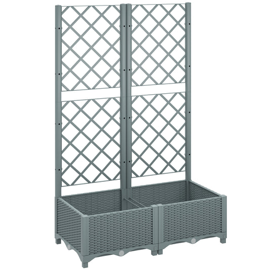 Photo of Outsunny Raised Garden Bed with Trellis, Plastic Planter Box with Drainage Holes, Drain Plugs and Water Reservoirs for Climbing Plants, Vegetables, Flowers, Grey in Grey colour on a white background