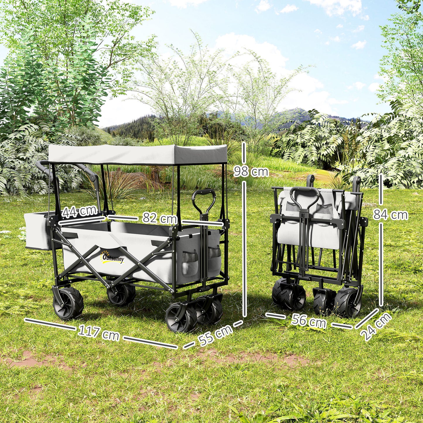 Outsunny 180L Festival Trolley on Wheels, Push & Pull Beach Cart with Removable Canopy, Wide All-Terrain Wheels, Folding Camping Trolley Cart, Adjustable Handle for Garden Fishing Shopping, Grey