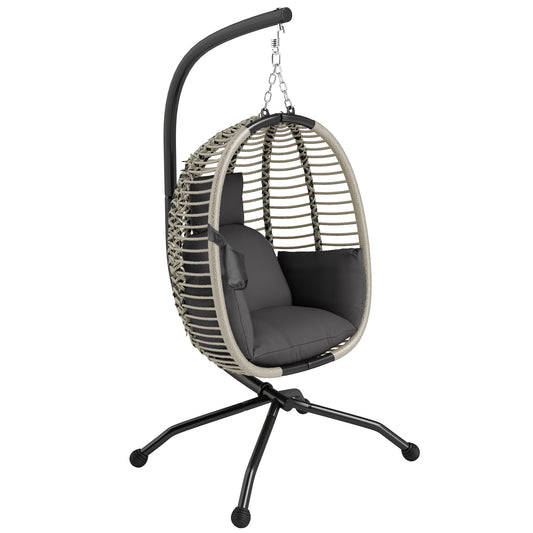 Photo of Outsunny Outdoor Swing Chair with Thick Padded Cushion, Patio Hanging Egg Chair with Metal Stand, Foldable Basket, Cup Holder, Rope Structure for Indoor & Outdoor, Dark Grey in Grey colour on a white background