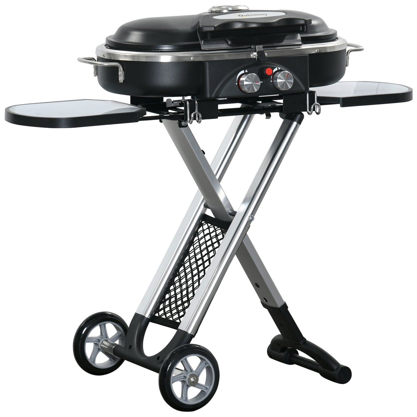 Photo of Outsunny Foldable Gas BBQ Grill 2 Burner Garden Barbecue Trolley w/ Lid Side Shelves Storage Pocket Piezo Ignition Thermometer, Aluminium Alloy in Alloy colour on a white background