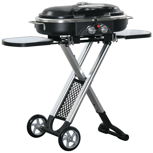 Photo of Outsunny Foldable Gas BBQ Grill 2 Burner Garden Barbecue Trolley w/ Lid Side Shelves Storage Pocket Piezo Ignition Thermometer, Aluminium Alloy in Alloy colour on a white background
