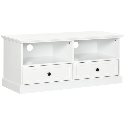 Photo of HOMCOM Modern TV Unit Cabinet for TVs up to 45 Inches, TV Stand with Drawers, Open Shelves, Cable Holes for Living Room, White in White colour on a white background