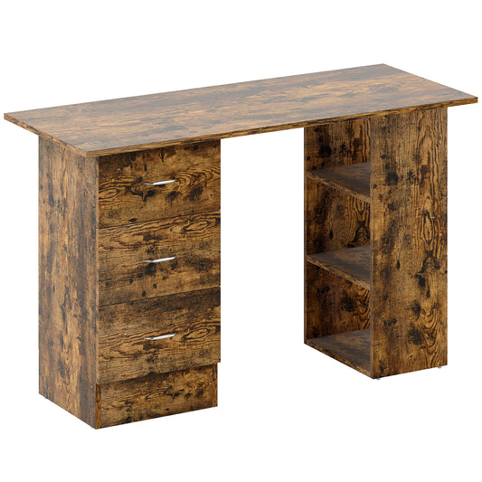 Photo of HOMCOM Computer Desk with Drawers, Home Office Desk, Writing Table, PC Workstation with 3 Storage Shelves for Working, Study, 120 x 49 x 72 cm, Rustic Brown in Brown colour on a white background