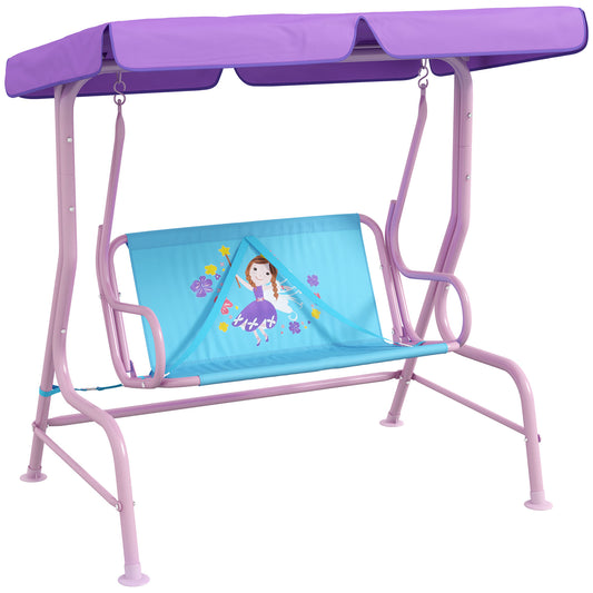 Photo of Outsunny Two Seater Kids Garden Swing, Fairy Themed kids Swing Chair with Adjustable Canopy, Safety Belts for Outdoor Use in Use colour on a white background