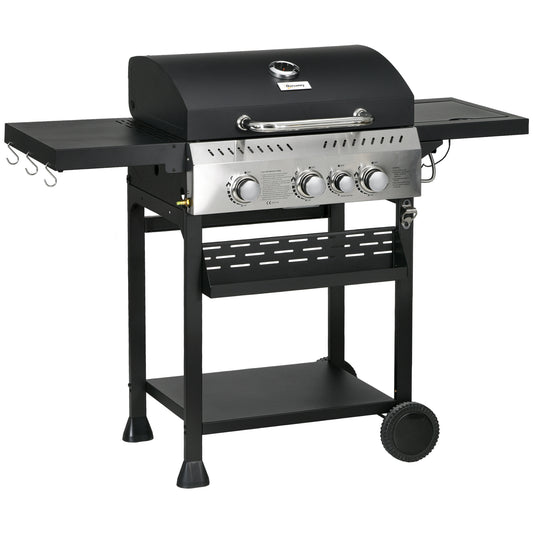 Photo of Outsunny Four-Burner Steel Gas Grill, with Thermometer - Black in Black colour on a white background