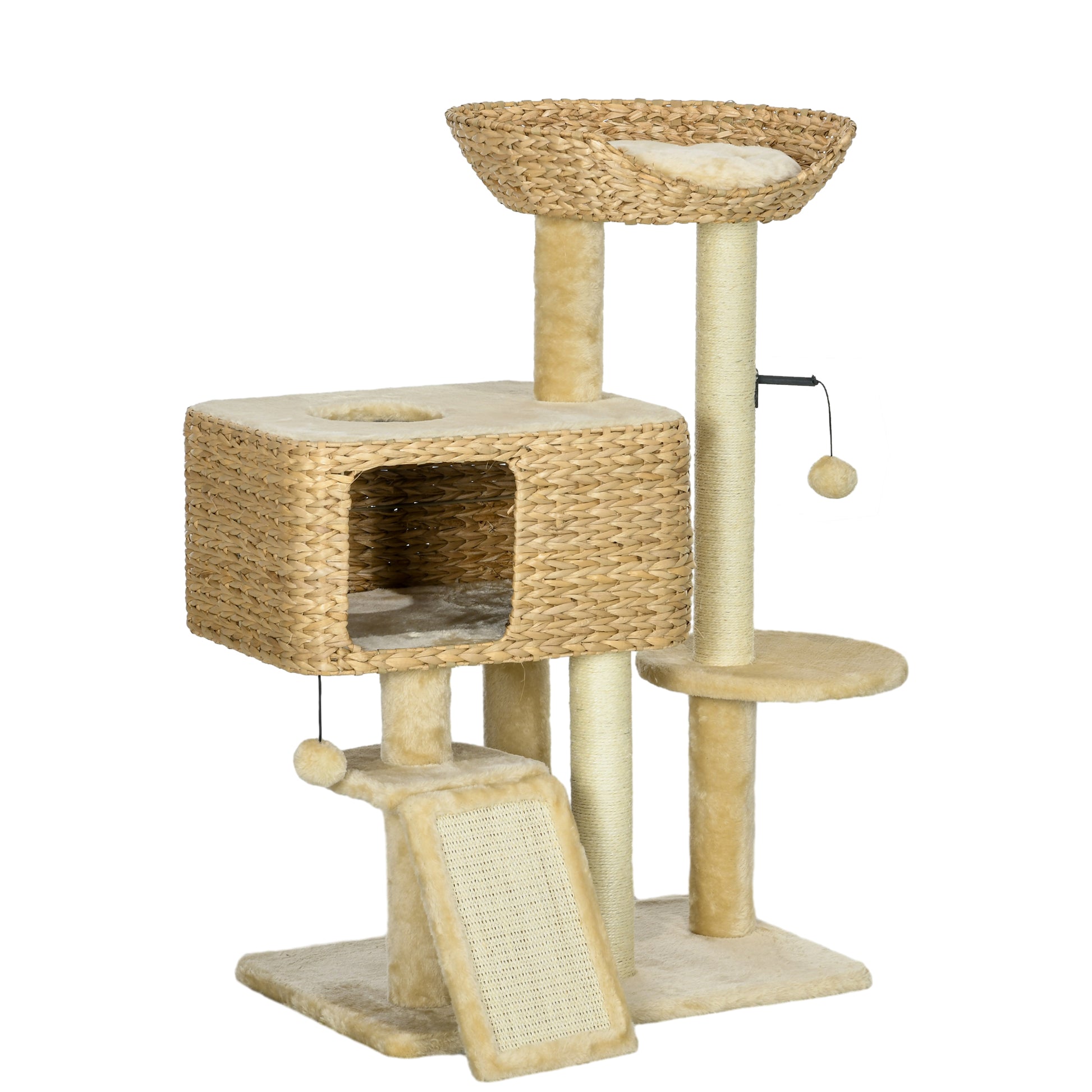 Photo of PawHut 95cm Cat Tree Tower for Indoor Cats, with Scratching Post, Cat House, Toy Ball, Platform - Beige in Beige colour on a white background
