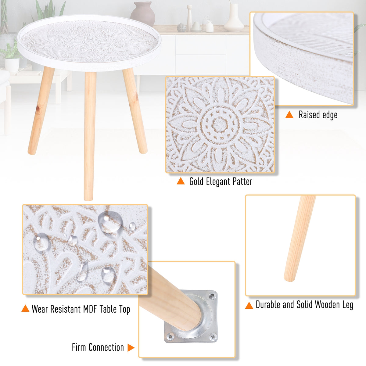 Coffee table detail collage showing raised edge, floral pattern, wood legs, and leg mount