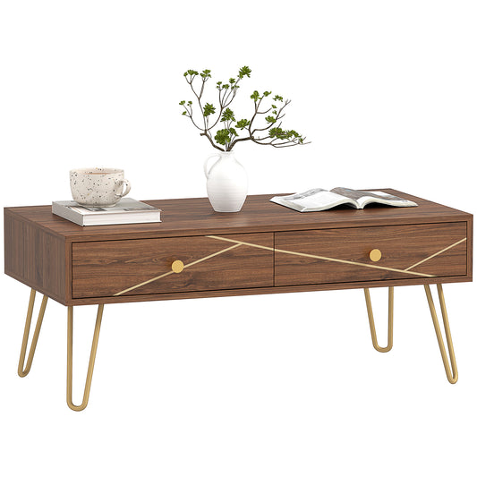 Photo of HOMCOM Coffee Table with Storage, Living Room Table with Drawers, Rectangular Tea Table with Steel Base for Home, 100 x 50 x 41 cm, Brown in Brown colour on a white background