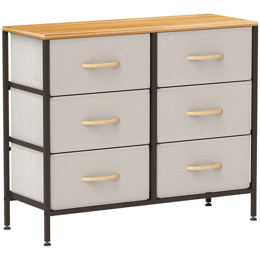 Photo of HOMCOM Fabric Chest of Drawers, Industrial Bedroom Dresser with 6 Fabric Drawers, Steel Frame and Wooden Top for Nursery, Living Room, Hallway, Cream White in White colour on a white background